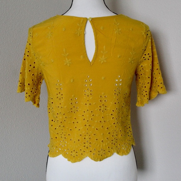 Mustard Yellow Eyelet Embroidery Scalloped Hem Top - Picture 7 of 9